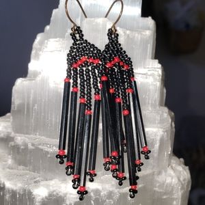 Beaded Fringe Earrings - Black & Red